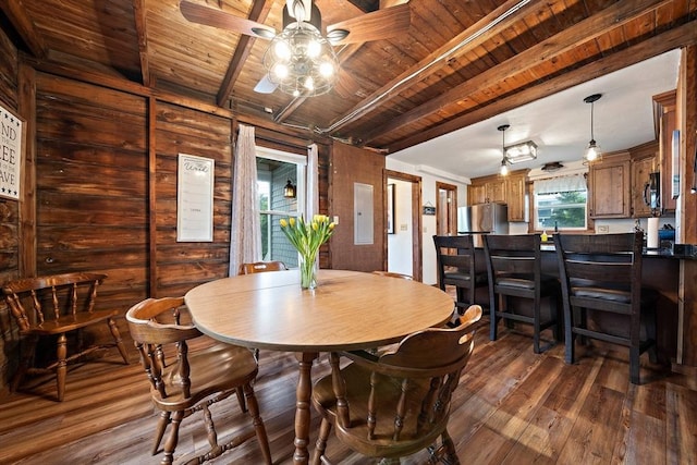18 Marshfield Ave, Scituate, MA 02066 - dining area featuring wooden ceiling, dark wood-style flooring, beam ceiling, ceiling fan, and electric panel