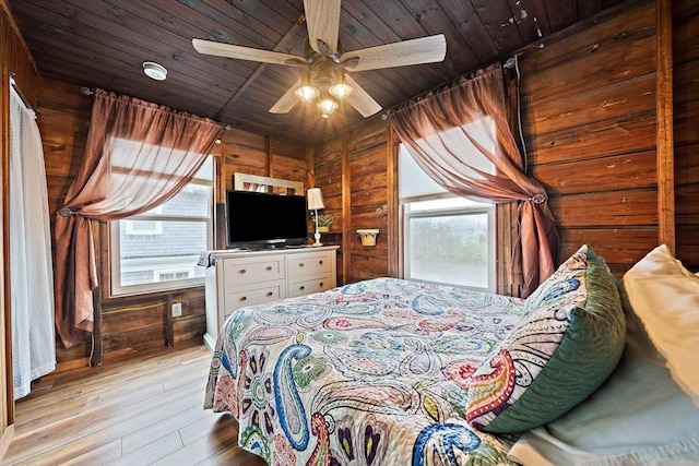 18 Marshfield Ave, Scituate, MA 02066 - bedroom featuring light wood-type flooring, wood ceiling, wooden walls, and a ceiling fan