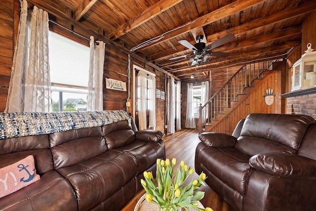 18 Marshfield Ave, Scituate, MA 02066 - living room featuring wood walls, wood finished floors, beam ceiling, stairway, and wood ceiling