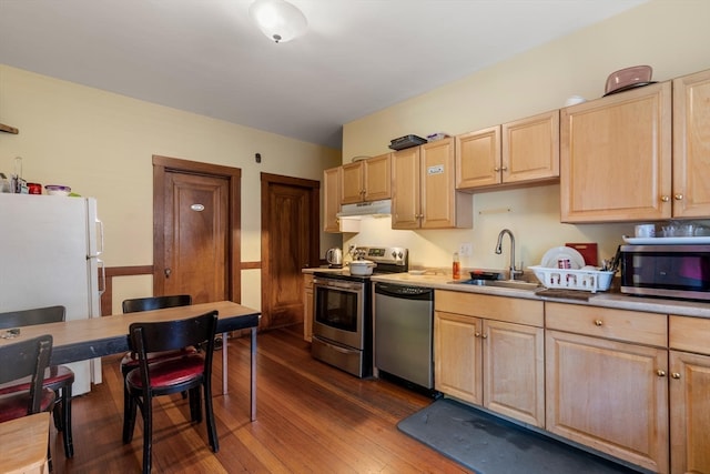 kitchen with appliances with stainless steel finishes, light brown cabinets, sink, and dark wood-type flooring