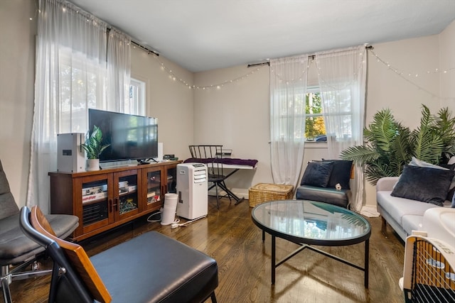 living room with dark wood-type flooring