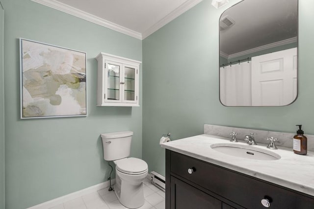 bathroom with ornamental molding, a baseboard radiator, vanity, and toilet