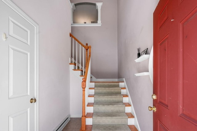 622 Hampton Way Unit 622, Abington, MA 02351 - staircase with a baseboard radiator, tile patterned floors, and baseboards