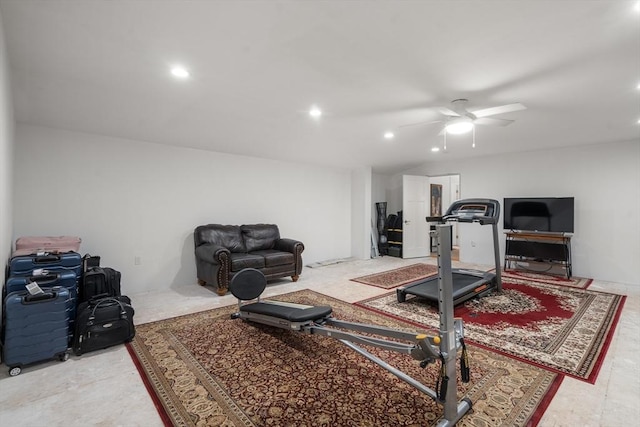 workout area with recessed lighting and a ceiling fan