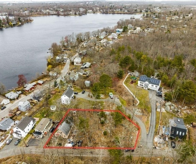 16 Oak Cliff Rd, Weymouth, MA 02189 - aerial perspective of suburban area with property parcel outlined and a nearby body of water