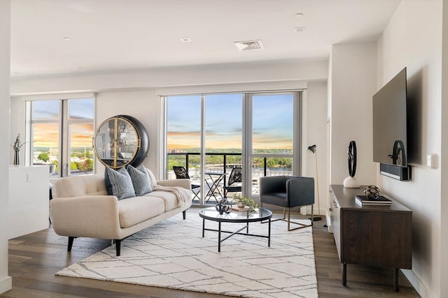 living room with plenty of natural light and wood finished floors