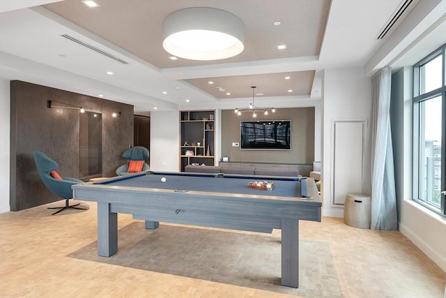game room with billiards table, healthy amount of natural light, recessed lighting, and a raised ceiling