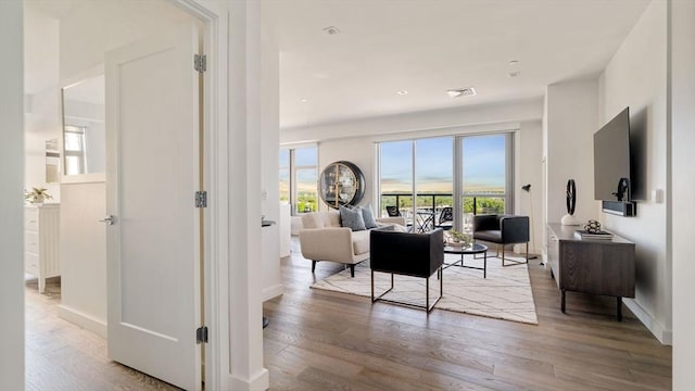 living area featuring wood finished floors and baseboards