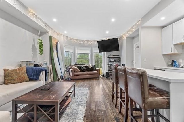 living area with wood finished floors and recessed lighting