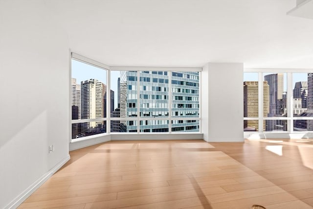 empty room with a healthy amount of sunlight, a wall of windows, and light hardwood / wood-style flooring