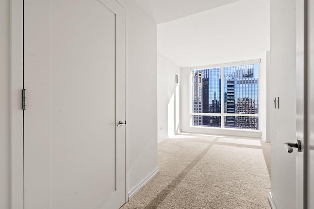 hallway with floor to ceiling windows and light colored carpet