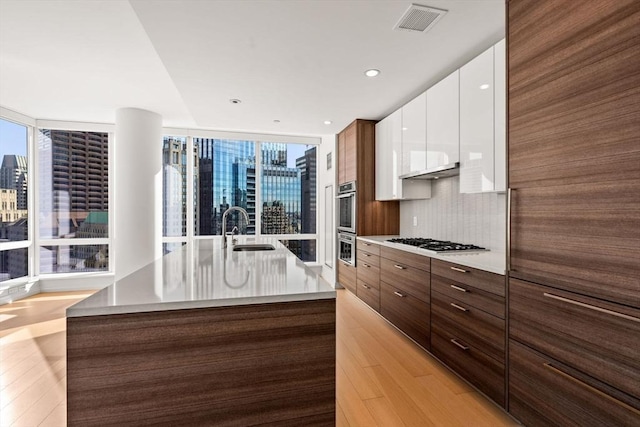 kitchen with white cabinetry, sink, a kitchen island with sink, and tasteful backsplash