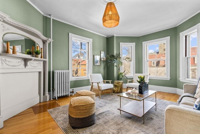 living area with radiator, crown molding, and light hardwood / wood-style flooring