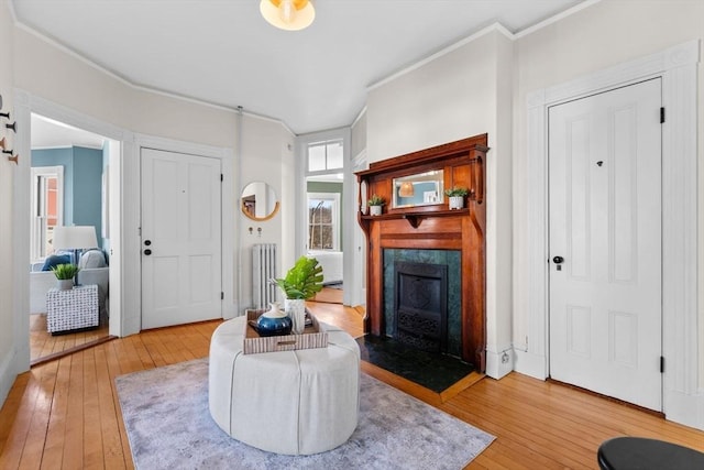 living room featuring crown molding, radiator heating unit, and hardwood / wood-style floors