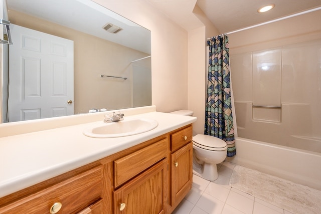 full bath with visible vents, toilet, shower / tub combo with curtain, tile patterned floors, and vanity