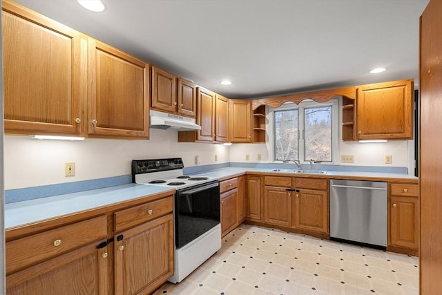 kitchen with electric stove, open shelves, light countertops, stainless steel dishwasher, and under cabinet range hood