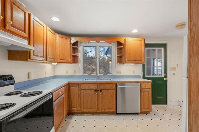 kitchen featuring range with electric stovetop, open shelves, light countertops, a sink, and dishwasher