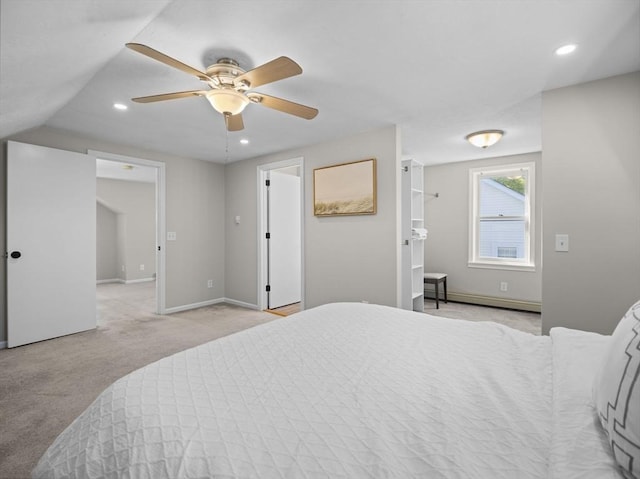 bedroom featuring baseboards, ceiling fan, recessed lighting, and light colored carpet