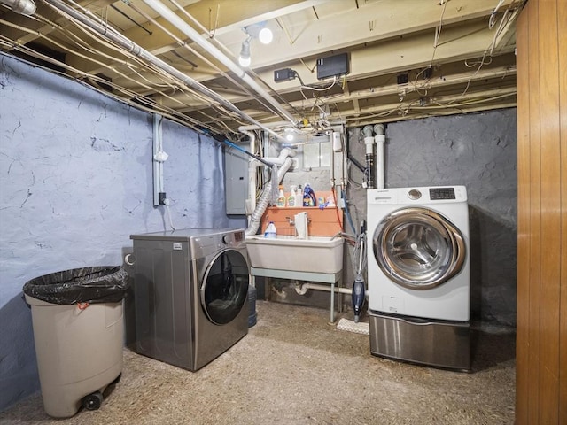 laundry room with laundry area, a sink, washing machine and dryer, and electric panel