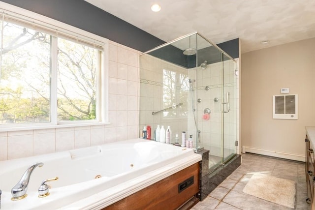 87 Lewis Point Rd, Bourne, MA 02532 - full bathroom with plenty of natural light, a stall shower, a jetted tub, vanity, and recessed lighting