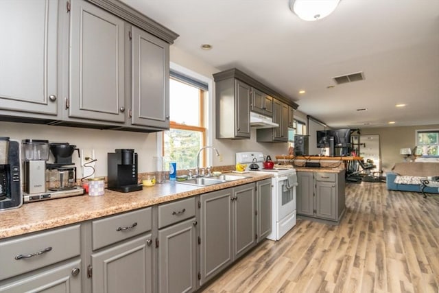 87 Lewis Point Rd, Bourne, MA 02532 - kitchen featuring white electric stove, gray cabinets, a sink, and recessed lighting