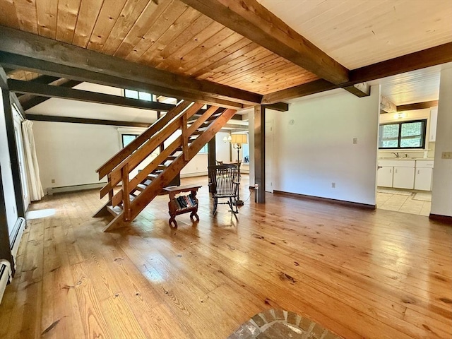 1962 Shelburne Falls Rd, Conway, MA 01341 - unfurnished living room featuring wood-type flooring, stairs, baseboard heating, and a wood ceiling with exposed beams