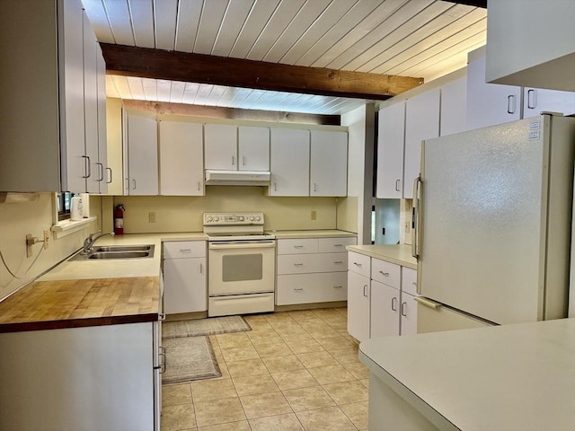 1962 Shelburne Falls Rd, Conway, MA 01341 - kitchen with white appliances, under cabinet range hood, white cabinetry, butcher block counters, and light tile patterned floors