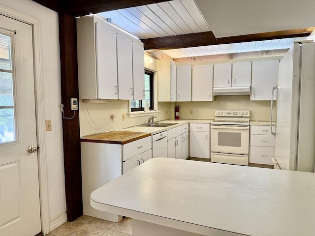 1962 Shelburne Falls Rd, Conway, MA 01341 - kitchen with white appliances, under cabinet range hood, white cabinets, a wooden ceiling with exposed beams, and light tile patterned floors
