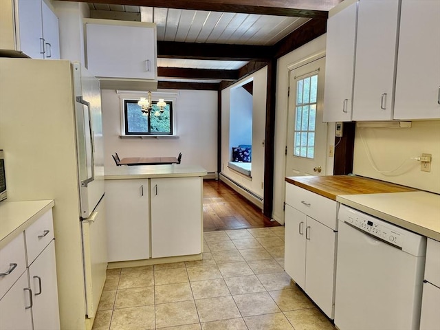 1962 Shelburne Falls Rd, Conway, MA 01341 - kitchen with white appliances, light countertops, a chandelier, white cabinetry, and baseboard heating