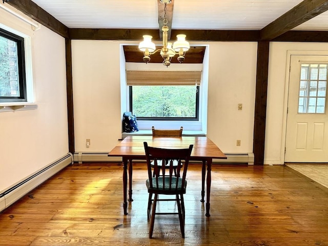 1962 Shelburne Falls Rd, Conway, MA 01341 - dining room featuring beamed ceiling, a chandelier, plenty of natural light, and hardwood / wood-style floors