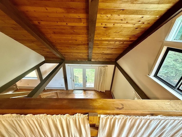 1962 Shelburne Falls Rd, Conway, MA 01341 - staircase featuring wood ceiling, french doors, wood finished floors, and baseboard heating