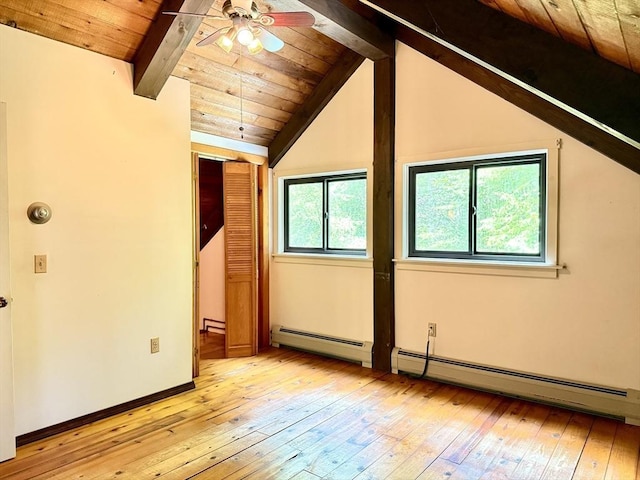 1962 Shelburne Falls Rd, Conway, MA 01341 - bonus room featuring a baseboard radiator, light wood-style flooring, a ceiling fan, wood ceiling, and baseboard heating