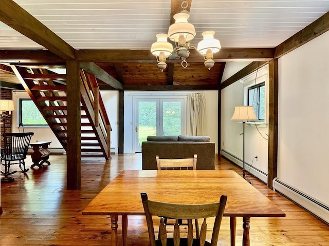 1962 Shelburne Falls Rd, Conway, MA 01341 - dining area with a chandelier, healthy amount of natural light, wood-type flooring, a baseboard radiator, and wooden ceiling