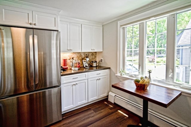 58 Lakeshore Ave, Beverly, MA 01915 - kitchen featuring freestanding refrigerator, plenty of natural light, a baseboard radiator, tasteful backsplash, and crown molding