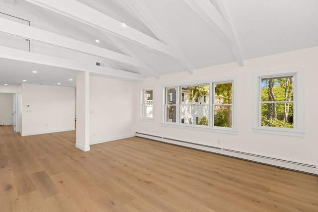 spare room featuring beamed ceiling, light wood-type flooring, baseboard heating, baseboards, and recessed lighting