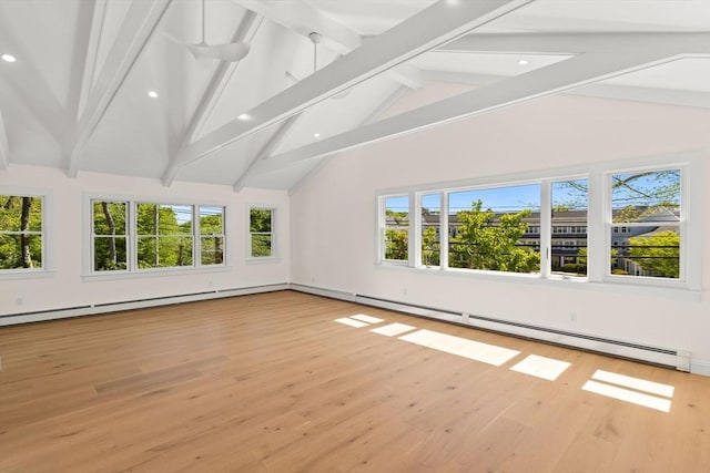 unfurnished living room with beamed ceiling, wood finished floors, baseboard heating, recessed lighting, and high vaulted ceiling