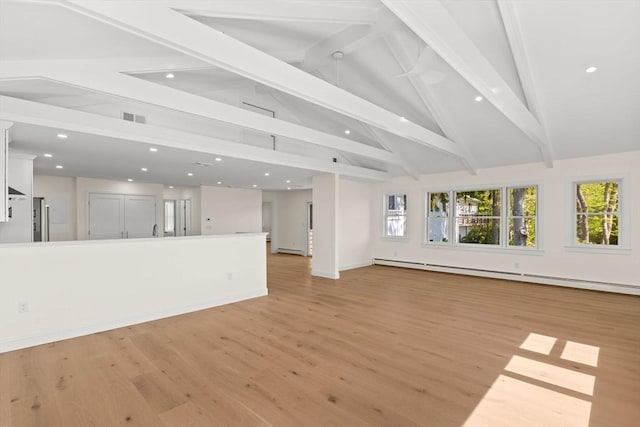 unfurnished living room with beamed ceiling, recessed lighting, light wood-type flooring, baseboards, and baseboard heating