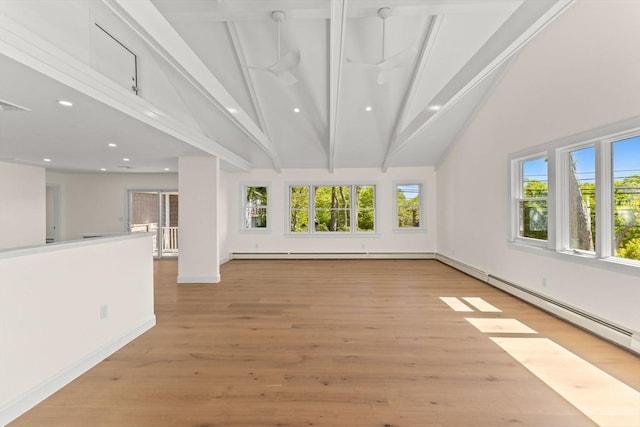unfurnished living room with plenty of natural light, high vaulted ceiling, beam ceiling, baseboards, and light wood finished floors