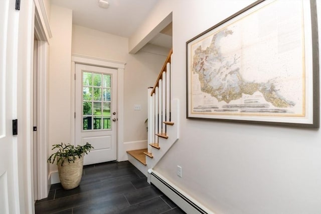 15 Dundee Rd, Quincy, MA 02171 - doorway to outside featuring stairway, a baseboard heating unit, and dark wood finished floors