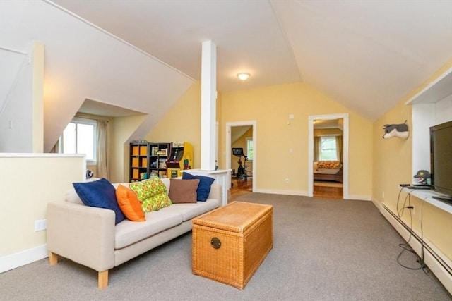 15 Dundee Rd, Quincy, MA 02171 - carpeted living area featuring baseboard heating, lofted ceiling, and baseboards