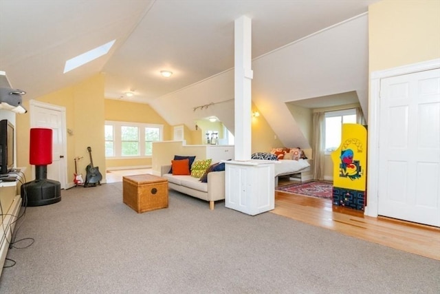 15 Dundee Rd, Quincy, MA 02171 - recreation room featuring carpet, lofted ceiling, a skylight, and baseboards