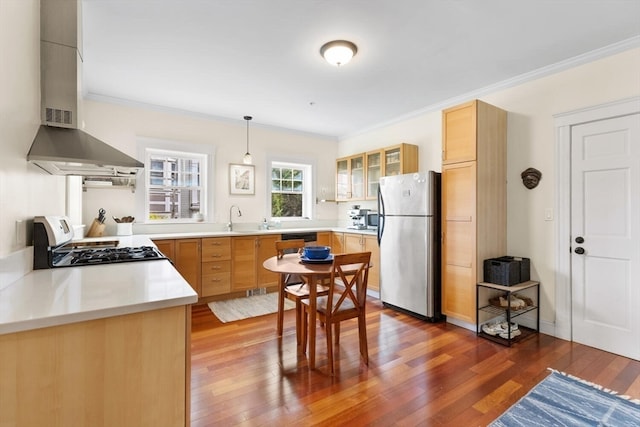 kitchen featuring appliances with stainless steel finishes, sink, dark hardwood / wood-style flooring, pendant lighting, and crown molding