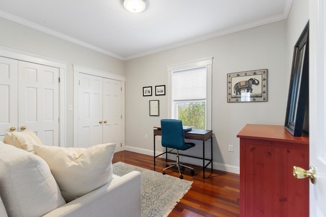 office space with ornamental molding and dark wood-type flooring