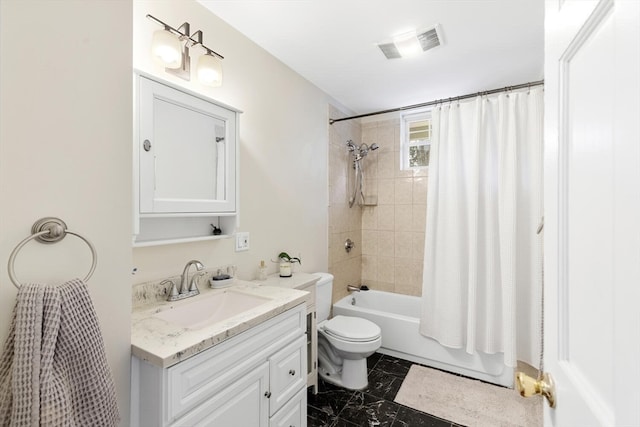 full bathroom with shower / bath combination with curtain, toilet, and vanity