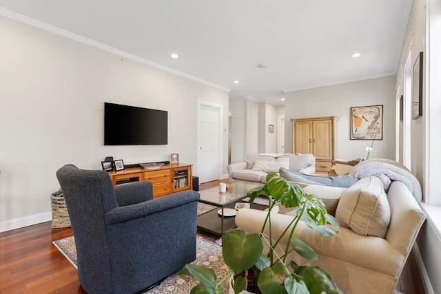 living room featuring ornamental molding and dark wood-type flooring