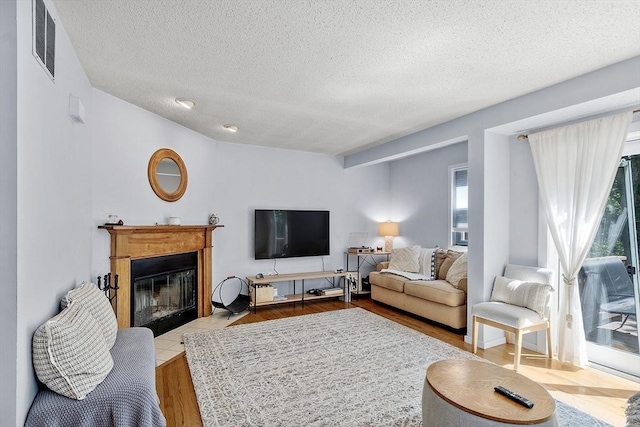 14 Russell Dr Unit 4D, Salem, MA 01970 - living area with a textured ceiling, plenty of natural light, a glass covered fireplace, and wood finished floors