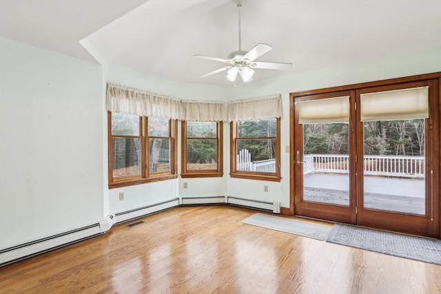 unfurnished sunroom featuring ceiling fan and baseboard heating