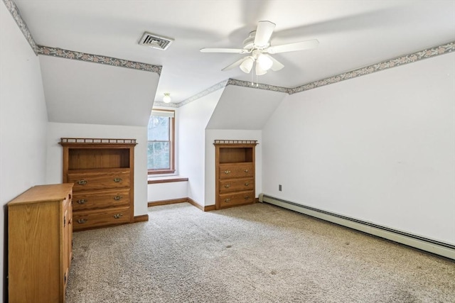 bonus room with lofted ceiling, light colored carpet, ceiling fan, and a baseboard heating unit