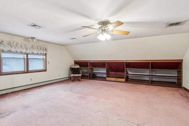 bonus room with baseboard heating, ceiling fan, carpet floors, and vaulted ceiling