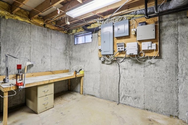 basement featuring electric panel and a workshop area